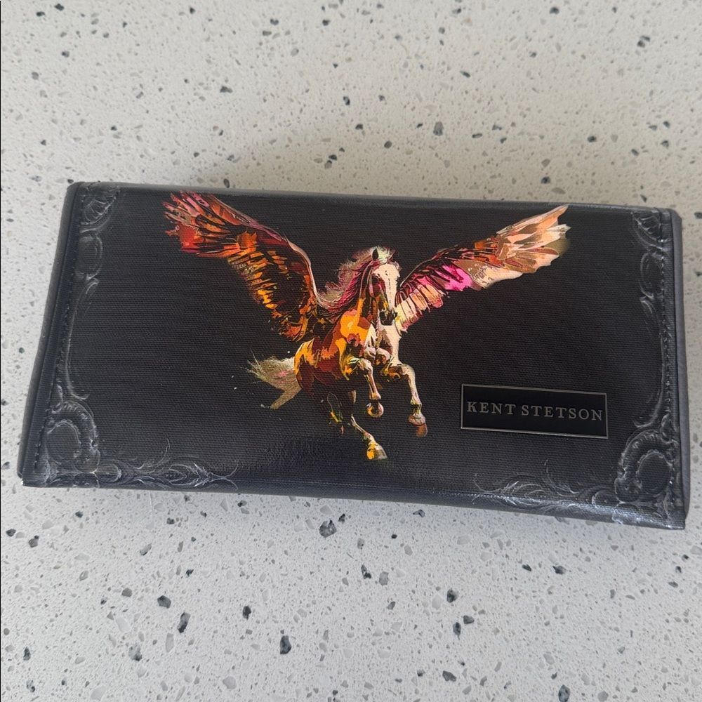 KENT STETSON Gray Coated Canvas Pegasus Print Art Clutch Handbag Handmade USA